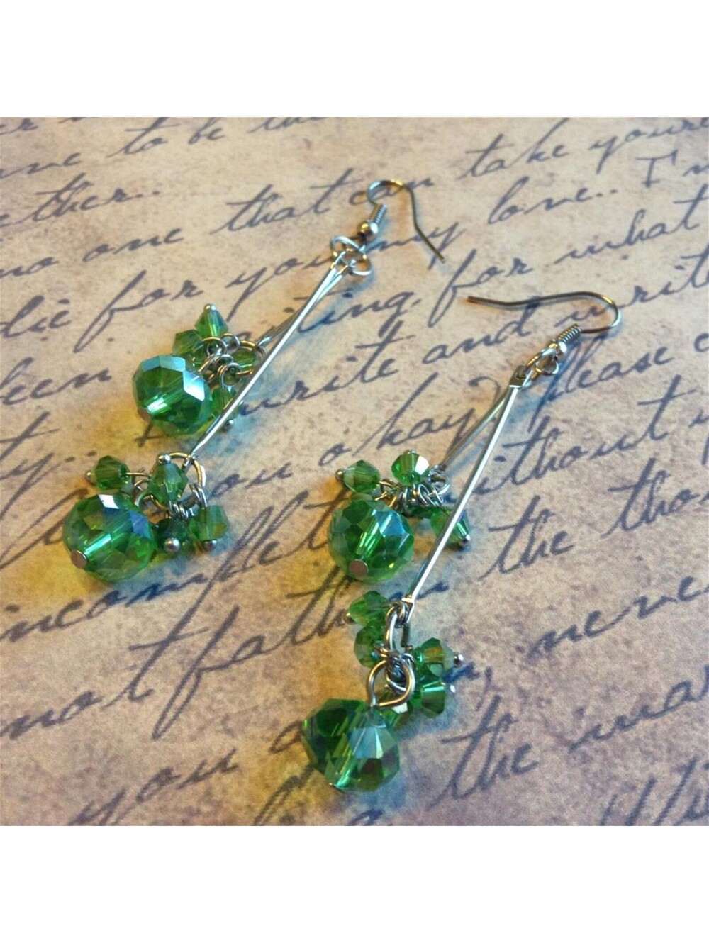Handmade Swingy Green Faceted Czech Crystal 80mm Long Double Dangle Earrings